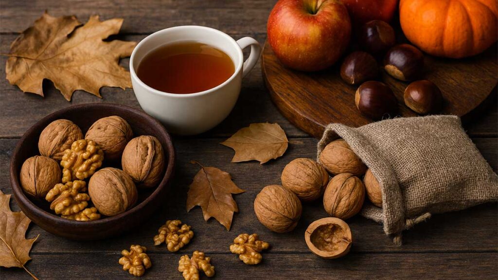noci autunnali e frutti di stagione