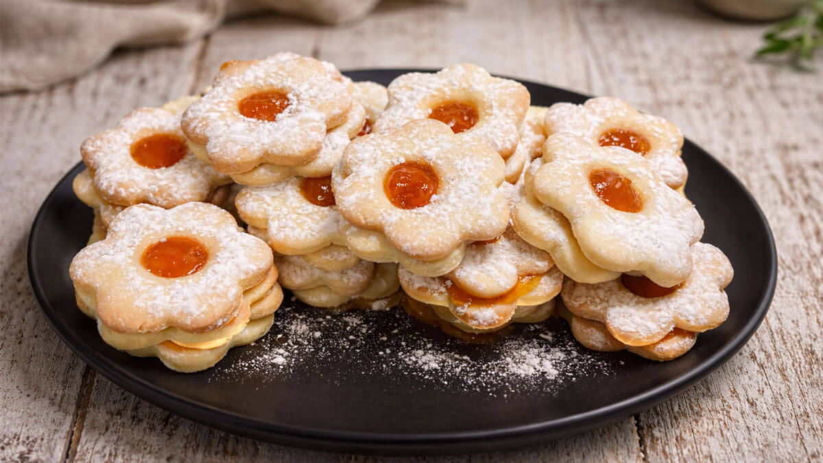 dettaglio biscotti occhi di bue all’olio senza burro friabili e spolverati di zucchero a velo