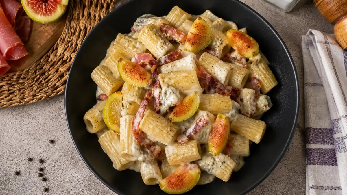 ricetta idea primo piatto rigatoni fichi speck e gorgonzola saporido
